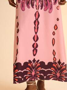 CAJUNI Women Boho Banana Tree And Pineapple Print, Hollow Waist Back Binding Sleeveless Pink Dress, Holiday Casual Summer Dress - Pink - View 6