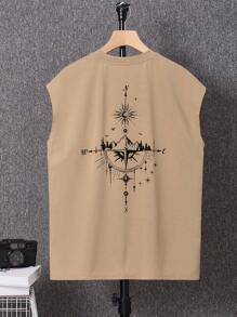 SHEIN Teen Boys' American Letter Print Khaki Casual Tank Top, Comfortable Chic Minimalist Versatile Soft Suitable For Daily, School, Travel, Sports, Beach Holiday