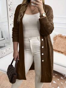 Calvaya Plus Size Women's Fashion Single-Breasted Long Cardigan Sweater, Casual Knitted Mid-Length Open Front Coat - Coffee Brown - View 1