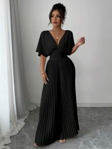 SHEIN PETITE 1 件纯色深 V 领蝙蝠袖褶皱优雅女式连体裤 - 黑色 - 查看 5