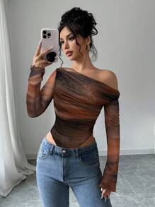 Firerie Women Asymmetric Collar Tie-Dye Print Long Sleeve Bodysuit, Suitable For Valentine's Day, Concerts, Dates, Sexy, Elegant, Commute, Back To School, Vacation, Beach - Multicolor - View 2