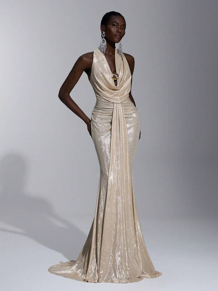 gold tight fitting dress Elitara Elegant Light Fishtail Prom Dress, Backless Bandeau Layered Fabric Stretchy Tight-Fitting Formal Dinner Bridesmaid Wedding Event Embellishment_Faux Feather
