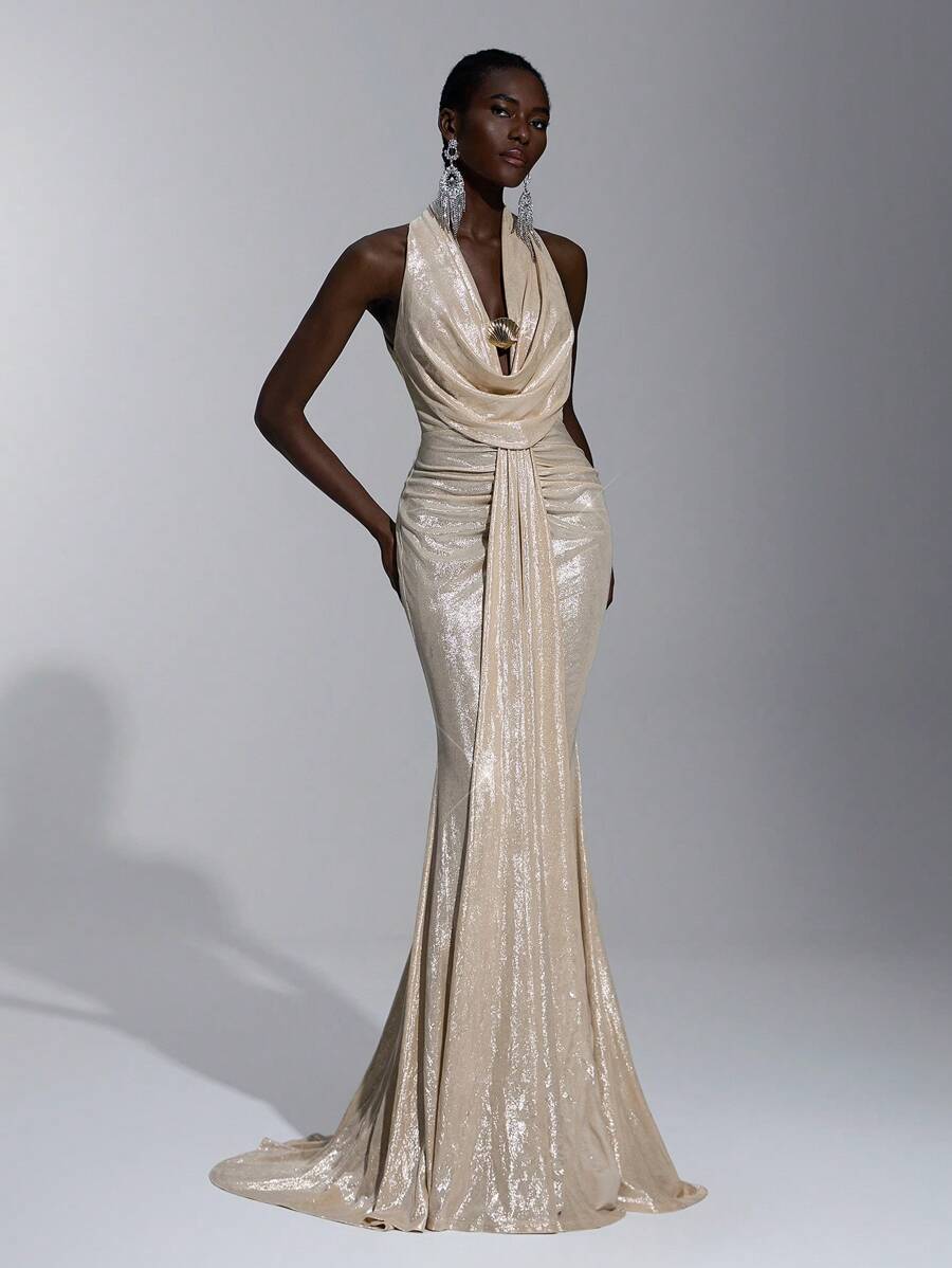 Elitara Elegant, Romantic, Sexy, Minimalist, Light Gold, Layered Fabric, Stretchy, Off-The-Shoulder, Backless, Tight-Fitting, Low-Cut, Fishtail Hem, Train, Fashion, Influencer, Festival, Holiday, Birthday Party, Wedding Event, Prom Dress, Bridesmaid Dresses, Formal Dinner Dress - Apricot - View 1