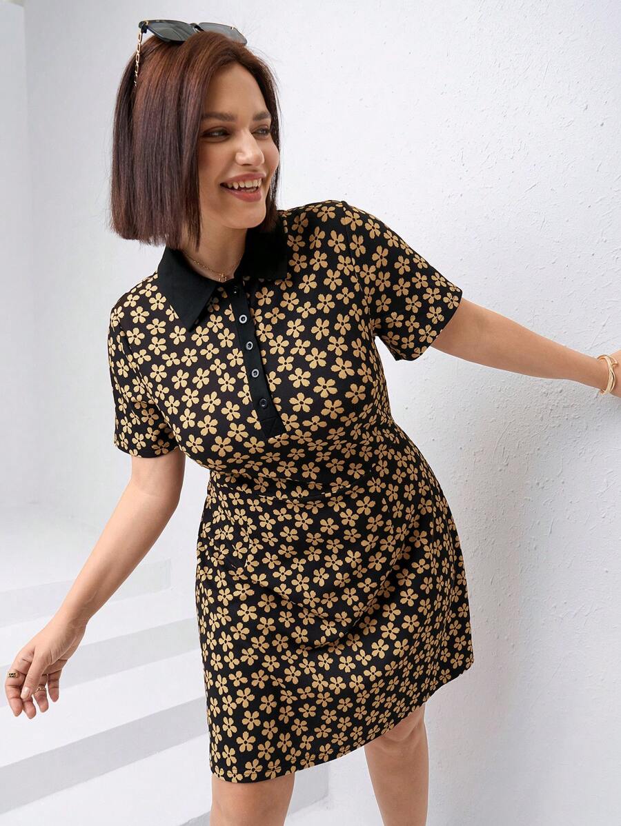 SHEIN Clasi Vestido casual de manga corta de verano talla grande para mujer - Caqui - Ver 1