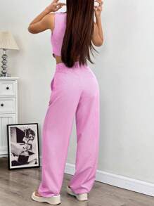 Solflare Rose Red Vest With Pants Sheer Plus Size Suit Set,Business Casual Woman In Fall/Winter - Hot Pink - View 2