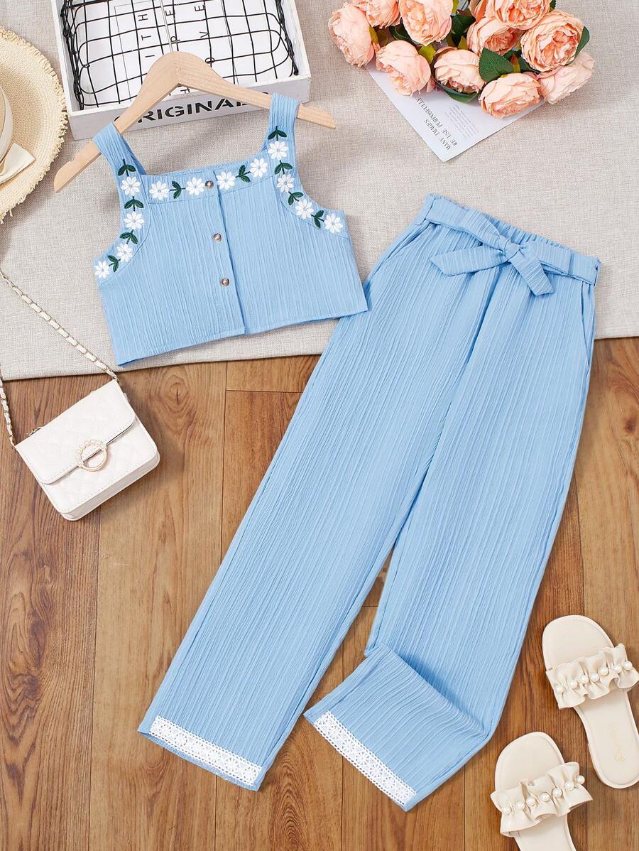 2 件套青少年女孩吊带背心和裤子，时尚夏季服装