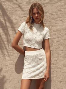 TrendSteals Faux Pearl Embellished High Waist Slimming Knit Top And Woolen A-Line Skirt Set - Beige - View 1