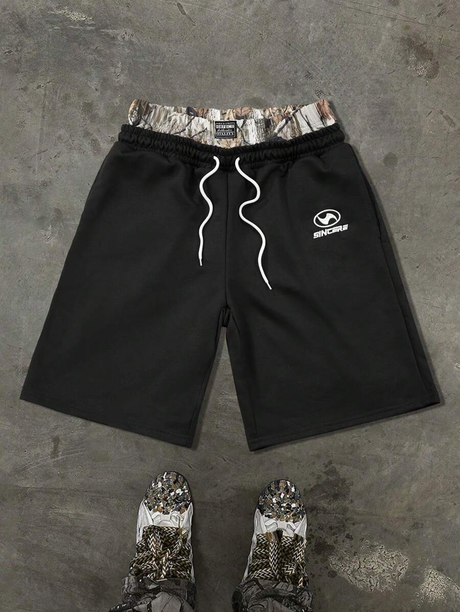 PAVTROS 男士夏季休闲拼色腰带字母刺绣抽绳短裤 - 黑色 - 查看 1