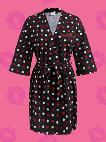 Betty Boop x SHEIN 夏季波点爱心印花七分袖休闲性感可爱系带睡袍，秋冬季 - 黑色 - 查看 2