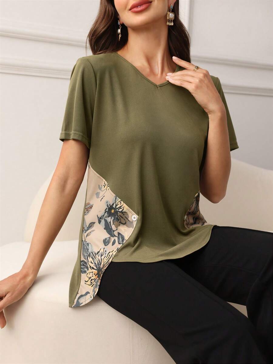Mulvari 1pc V-Neck Patchwork Print Elegant Asymmetrical Hem T-Shirt For Middle-Aged & Elderly Women