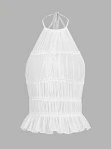 SHEIN ICON Women's Solid Color Pleated Fashionable Halter Neck Mesh See-Through Top - White - View 1