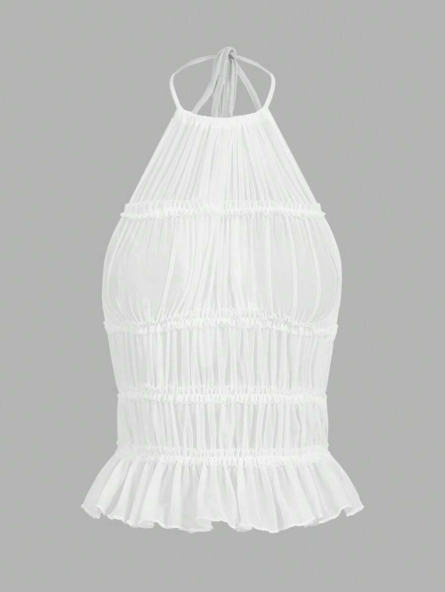 SHEIN ICON Women's Solid Color Pleated Fashionable Halter Neck Mesh See-Through Top - White - View 1