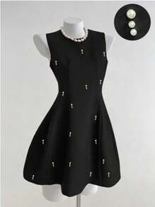 Chiquease 1 件女士圆领铆钉元素连衣裙，女士黑色短款高腰梭织面料时尚百搭连衣裙 - 黑色 - 查看 1