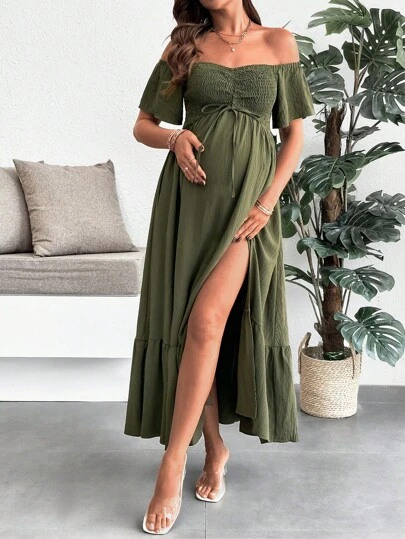 SHEIN Pregnant Women's Solid Color Tie Front Off Shoulder Casual Dress Maternity Dress For Vacation