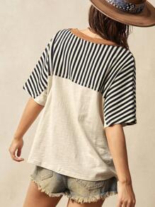 Bohemela Vintage amerikanischer, legerer Urlaubs-Stil, Farbblock Sternmuster Loose Fit Rundhals Kurzarm Damen T-Shirt