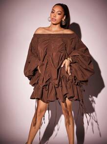 Vixey Off Shoulder Drawstring Detail Balloon Sleeve Boho Dress, Boho Women Clothing, Spring Dress, Summer Dress, Fall Outfits, Fall Clothes For Women,