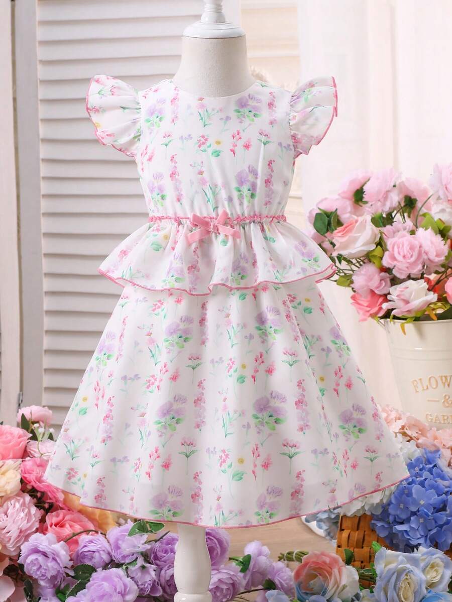 SHEIN Young Girls' Ditsy Floral Ruffle Trim Flared Cap Sleeve Cute Princess Party Dress, Spring/Summer - Multicolor - View 1