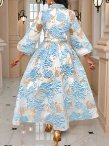 SHEIN Lady Váy dài tay đèn lồng họa tiết hoa jacquard dành cho nữ, trang trọng, thanh lịch, dự tiệc cưới, tiệc Four Seasons Old Money Festival - Màu xanh nhạt - Xem 2