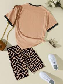 SHEIN Leap Crew 2 件青少年女孩休闲简约短袖 T 恤和短裤套装，适合夏季 - 彩色 - 查看 4