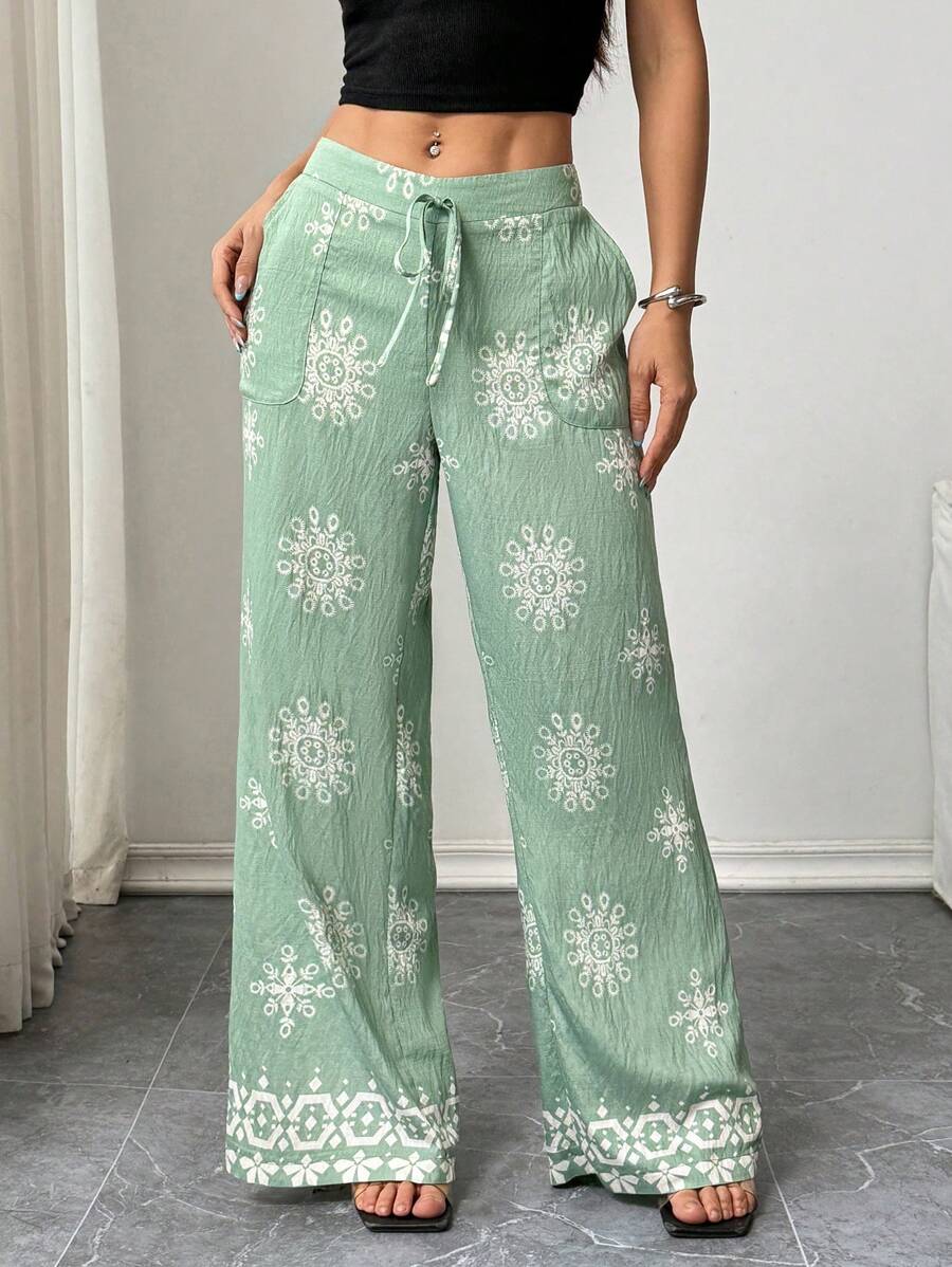 Breezaya 女士几何印花宽松休闲度假裤 - 綠色 - 查看 1