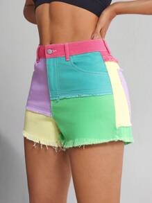 SHEIN Tall Women Casual Contrast Color Pocket Frayed Hem Denim Shorts - Yellow - View 5