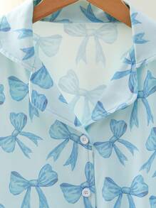 Tween Girls Butterfly Print Front Button Short Sleeve Shorts Pajama Set, Elegant Fashion Home Wear - Baby Blue - View 3