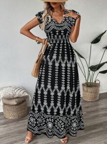 SHEIN LUNE 褶皱荷叶边荷叶袖喇叭腰下摆长裙，蓝白瓷印花，女士休闲度假优雅街头服饰 - 黑色 - 查看 6