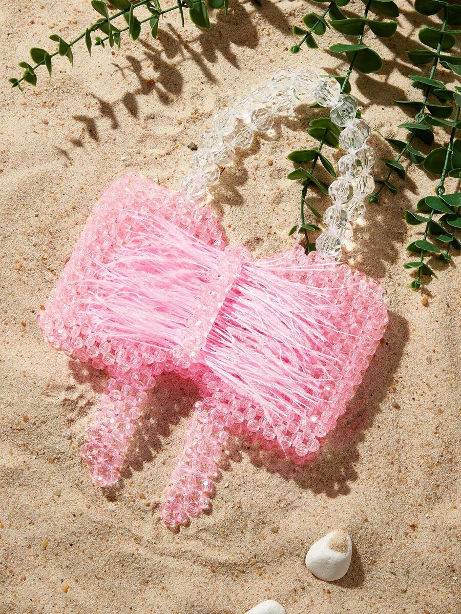 SHECARRY Bolso de playa elegante, dulce y de moda con cuentas y moño - Rosa - Ver 1