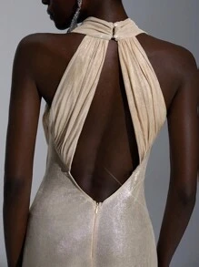 Elitara Elegant, Romantic, Sexy, Minimalist, Light Gold, Layered Fabric, Stretchy, Off-The-Shoulder, Backless, Tight-Fitting, Low-Cut, Fishtail Hem, Train, Fashion, Influencer, Festival, Holiday, Birthday Party, Wedding Event, Prom Dress, Bridesmaid Dresses, Formal Dinner Dress - Apricot - View 4