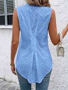 SHEIN Clasi 白色刺绣无袖衬衫，适合度假和所有场合的优雅装扮 - 藍色 - 查看 1