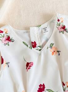SHEIN 女童花卉印花无袖 A 字形衬衫和阔腿裤两件套优雅套装 - 杏色 - 查看 6
