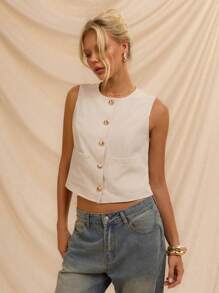 SHEIN Forever 21 Summer New Round Neck Sleeveless Metal Button Casual Women Top - Beige - View 3