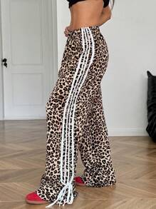SHEIN EZwear 女式休闲豹纹侧蝴蝶结腰裤 - 棕色 - 查看 6