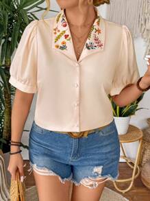 SHEIN LUNE Plus Size Women Floral Print Detail Short Sleeve Button Blouse - Apricot - View 1