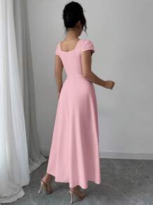 Modelyn Women's Elegant Solid Color Waist-Defined Square Neck Dress For Summer - Baby Pink - View 2
