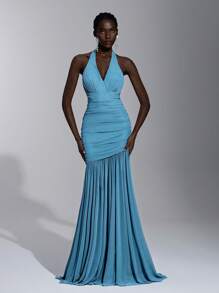 Elitara 优雅的绿松石蓝色领结垂坠式胸围荷叶边网眼鱼尾下摆连衣裙，适合约会、度假、婚礼活动、伴娘 - 水鴨藍 - 查看 6