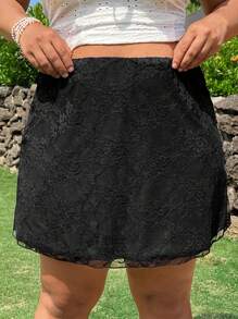 SHEIN EZwear Plus Size Black Lace A-Line Bodycon Skirt, Spring/Summer - Black - View 5