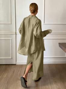 Livesso Bộ đồ hai mảnh dành cho nữ mặc hàng ngày, bộ đồ mặc nhà bằng vải lanh cho nữ dịp Lễ Phục Sinh. - màu xanh lá - Xem 2