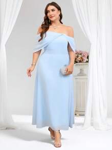 Coutiva Plus Size Solid Color Off Shoulder Elegant Net Yarn Splice Formal Dress, Bridesmaid Dress - Baby Blue - View 1