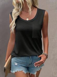 EMERY ROSE Women's Minimalist Solid Color Pocket Decor Round Neck Camisole, Summer