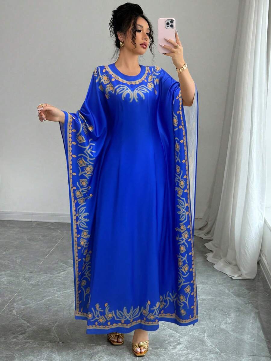 Elenzga Round Neck Ruched Waist Elegant Floral Print Long Dress For Women - Blue - View 1