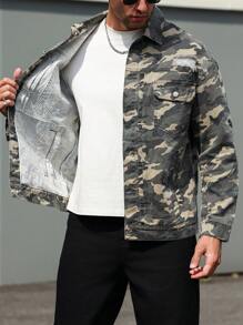 Manfinity Homme Men Camouflage Print Single Breasted Front Pocket Denim Jacket, Fall - Army Green - View 7