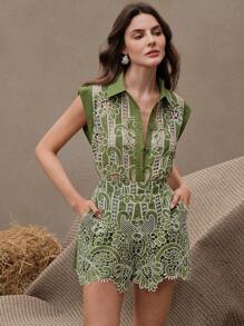 Anewsta Bộ đồ ren thêu sang trọng lấy cảm hứng từ phong cách cổ điển, thanh lịch cho mùa hè, lễ hội, ngày lễ, kỳ nghỉ, thường ngày, sang trọng, cổ điển, bãi biển - xanh quân đội - Xem 6