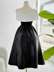 Franclia Abito da donna elegante con contrasto di nero e bianco, decorato con fiori, camisole a-line, adatto per compleanni, lauree, concerti, discoteche, nuova collezione primavera/estate