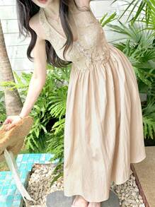 DAZY Vestido midi de mujer elegante de encaje y parches para vacaciones de verano, vestidos casuales para mujer