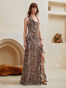 SHEIN LUNE Damen Chiffon Rüschensaum. Böhmischer Vintage-Druck, asymmetrisches Schlitzdesign, Neckholder-Rückenloses Maxikleid, Sommer, Urlaubsoutfits Frau, Urlaubskleid