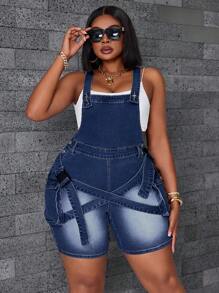 SHEIN SXY Plus Size Women Elastic Skinny Overalls Shorts Crossover Buckle Cargo Design Vintage Washed Skinny Denim Bib Pants Autumn Outfits For Women Festival Outfits Cowgirl Outfits For Women Overall Club Outfits Women Sexy Jumpsuit - Dark Wash - View 3