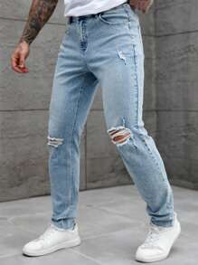 Manfinity Homme Light Blue Denim Casual Elastic Skinny Ripped Pants For Men - Light Wash - View 5