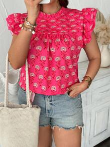 Franclia Plus Size Women's Chiffon Digital Print Cap Sleeve Casual Vacation Romantic Elegant Blouse