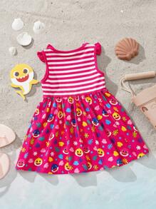 BABY SHARK X SHEIN Robe sans manches mignonne et douce avec imprimé de requin dessin animé à rayures contrastées et nœud décoratif pour bébé fille - Rose bonbon - Voir 2